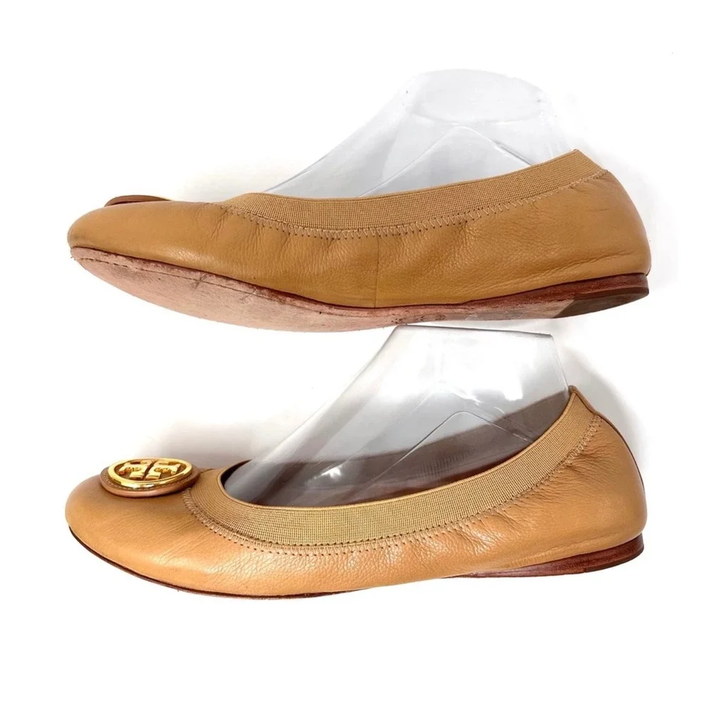 Tory Burch Caroline Beige Leather Elastic‎ Logo Ballet Flats Size 8.5